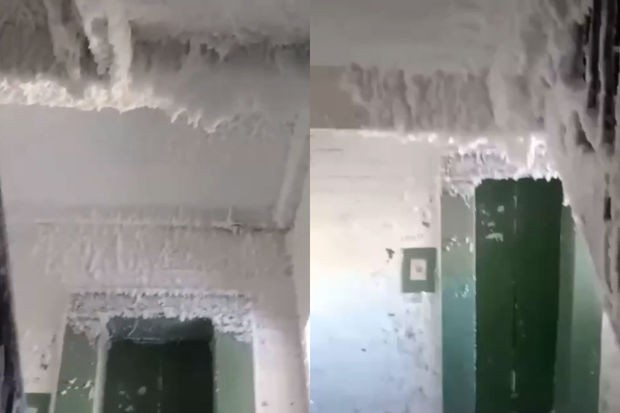 Rusiyada güclü şaxta binanın girişini “buz mağarası”na çevirdi - VİDEO
