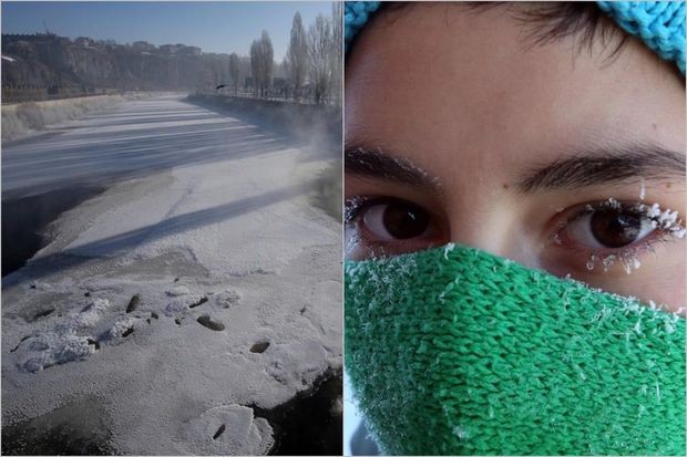 Buz bağlayan Kür çayı, kirpikləri donan sakinlər: 34 dərəcə şaxtanın yaşandığı Ardahandan görüntülər - FOTO