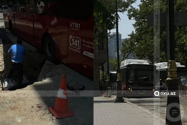 Sərnişin avtobusu şəhər mərkəzində çuxura düşdü